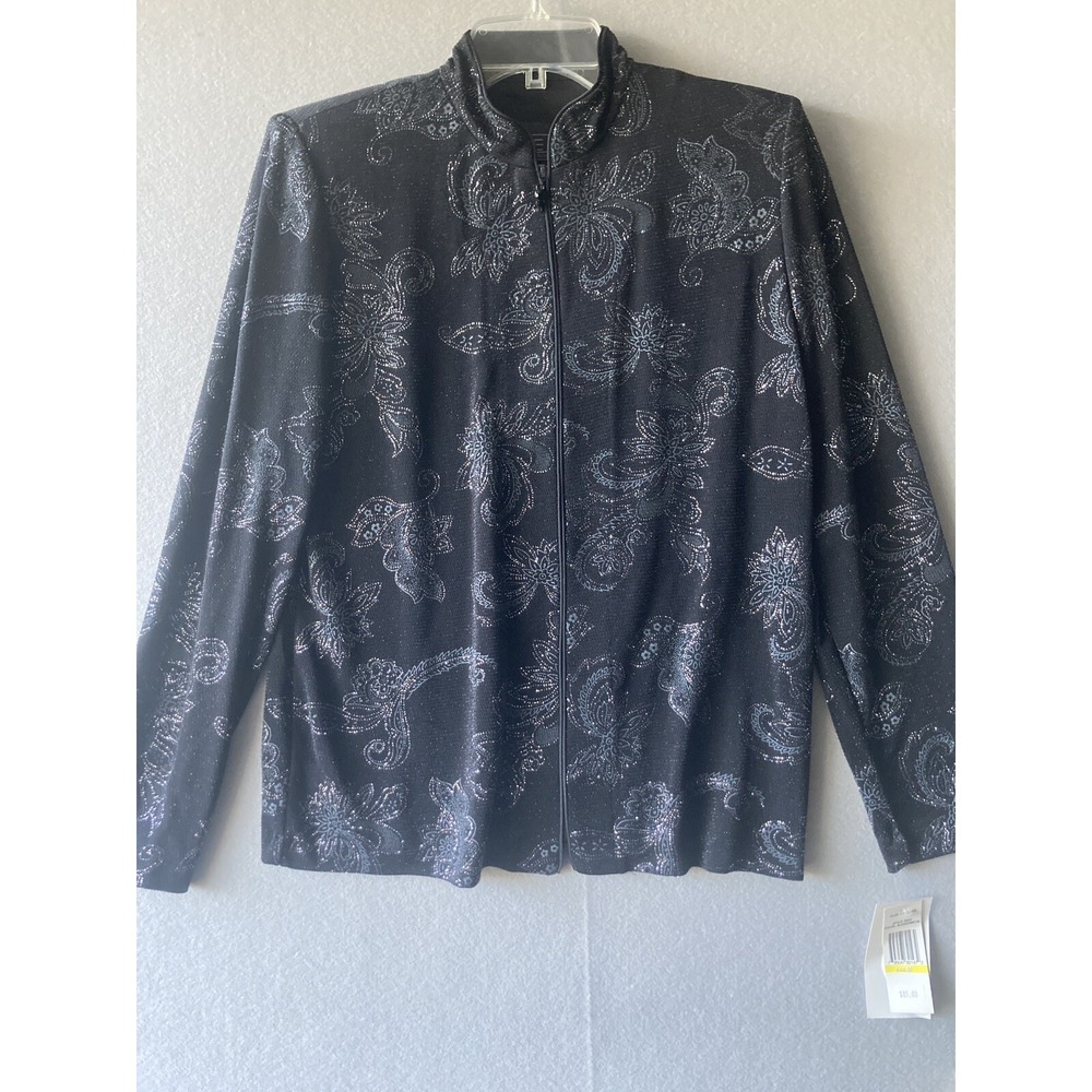 Alex Evenings Women's Jacket Medium Black Gunmetal Mandarin Neck Glitter Zip USA